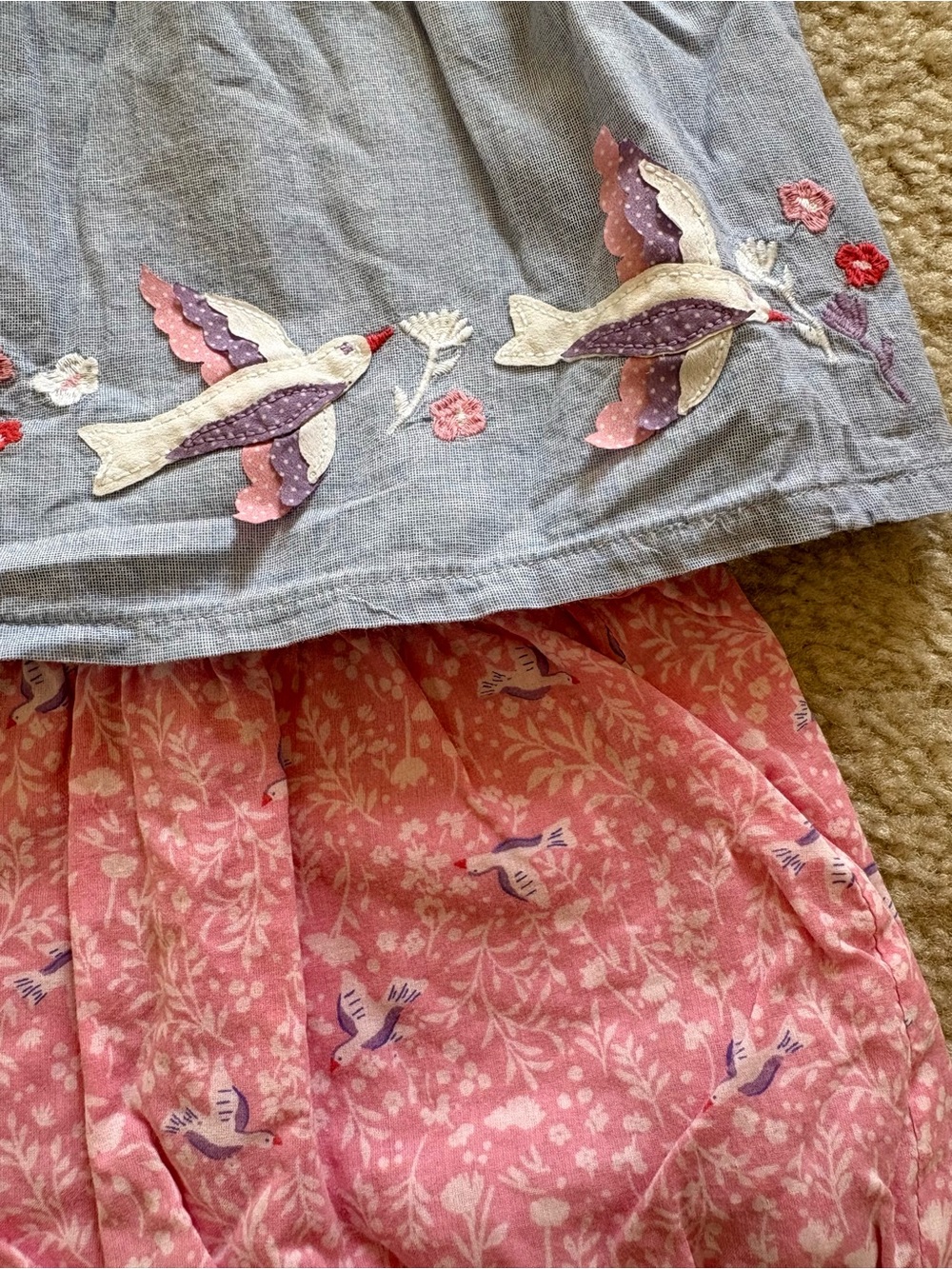 Baby Boden Blue Chambray Top with Pink Bird-Print Bloomers - Picture 2 of 2